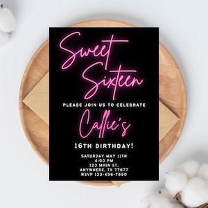 Sweet Sixteen Neon Light Birthday Einladung, bearbeitbare Vorlage, 16th birthday Invite, Teen, Kindergeburtstag Instant Download