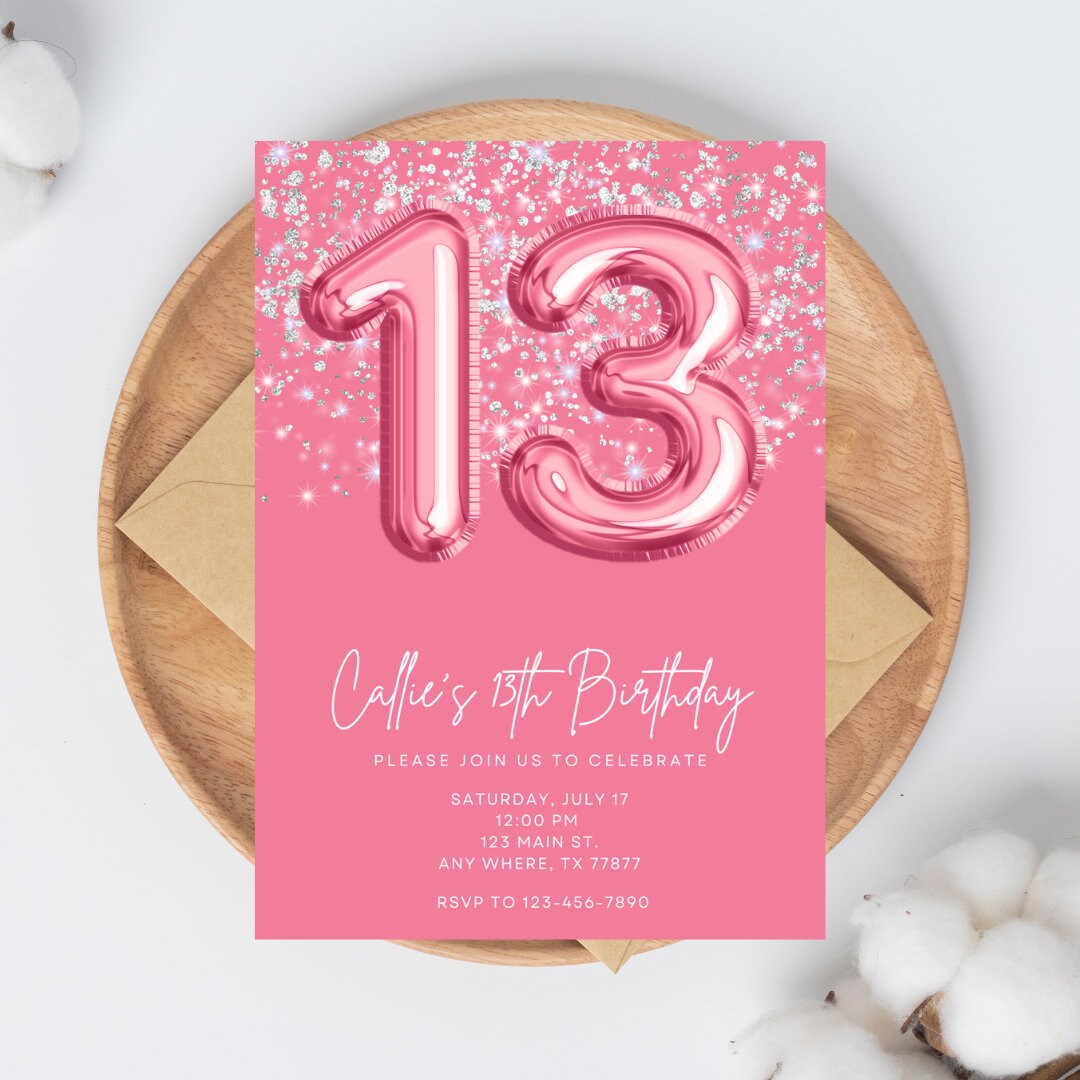 Pink Glitter Pastel 13th Birthday Invitation, Girls Birthday Invitation ...