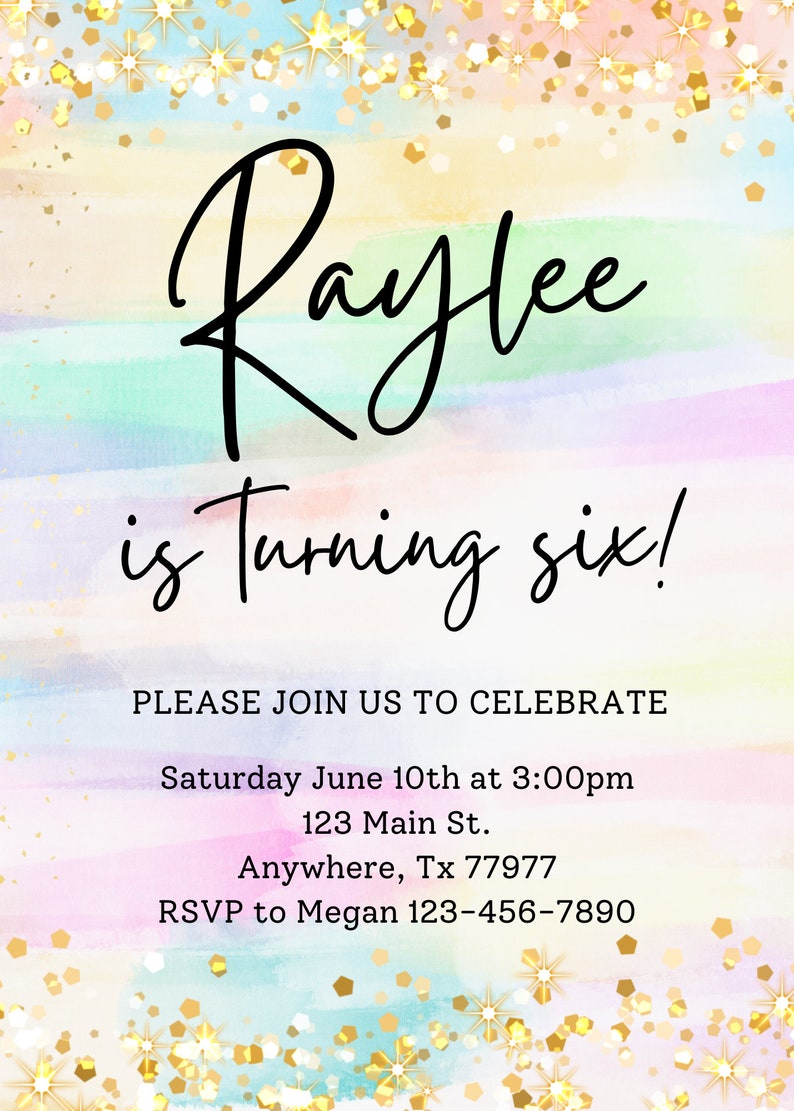 Pastel Glitter Birthday Invitation Colorful Girl Birthday Etsy