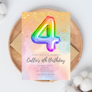 Invitación del 4to cumpleaños Rainbow Glitter Pastel, Invitación de cumpleaños de las niñas, Invitación de fiesta colorida EDITABLE, DESCARGA INSTANTÁNEA