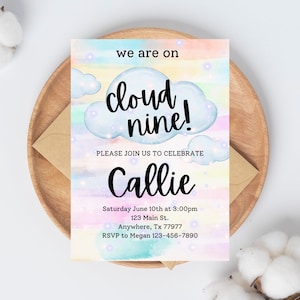 Cloud Nine 9th Birthday Invitation, Girls Birthday Invitation, Girls 9th Birthday Party Invitation EDITABLE, INSTANT DOWNLOAD