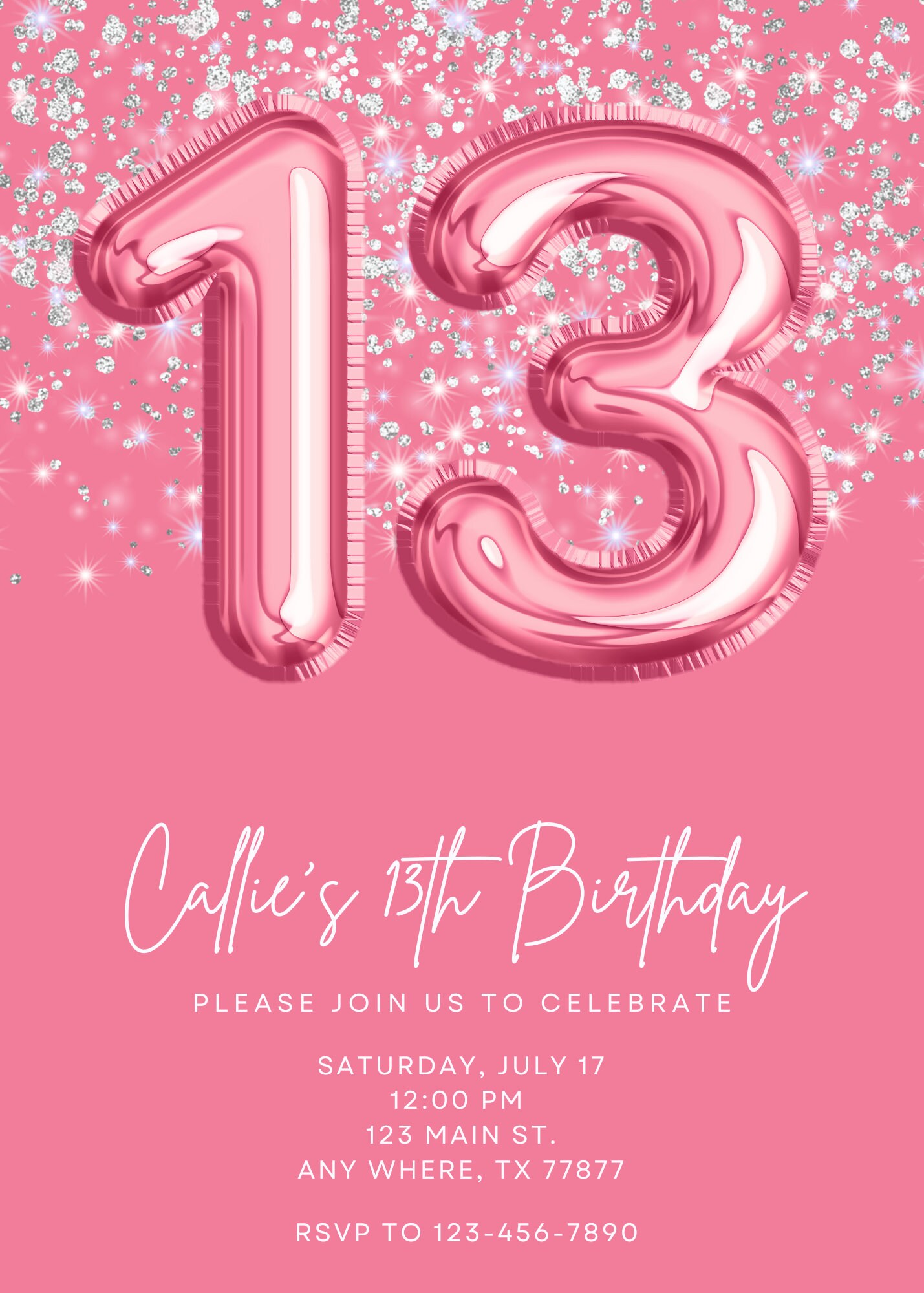 Pink Glitter Pastel 13th Birthday Invitation, Girls Birthday Invitation ...