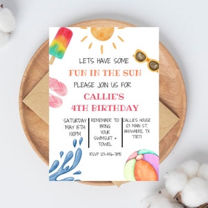 Swim Birthday Invitation, Summer Birthday Invitation, Fun in the sun Birthday Invitation, Summer EDITABLE, DIGITAL DOWNLOAD