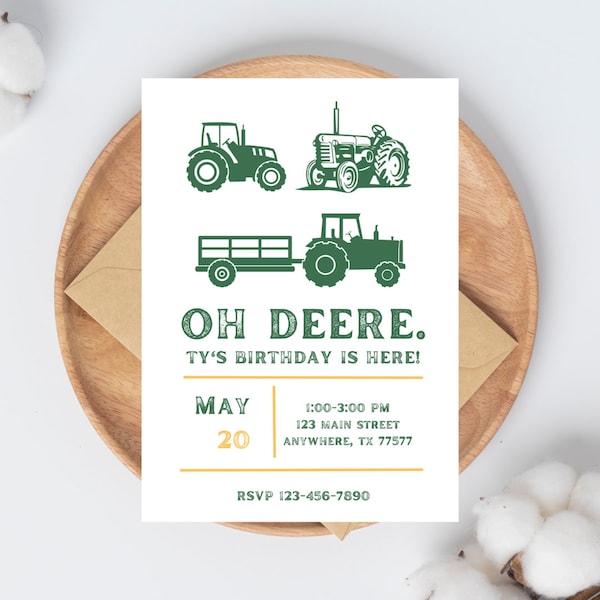 Oh deere Tractor Birthday Invitation, Tractor Party Invitation, Boy Birthday Invitation, Farm Birthday EDITABLE