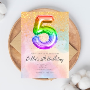 5th Birthday Invitation Rainbow Glitter Pastel, Girls Birthday Invitation, Colorful Party Invitation EDITABLE, INSTANT DOWNLOAD
