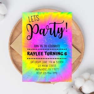 Tie Dye Birthday Invitation, Colorful Girl Birthday Invitation, Pastel Birthday Invitation, Rainbow Color Invite, EDITABLE, INSTANT DOWNLOAD