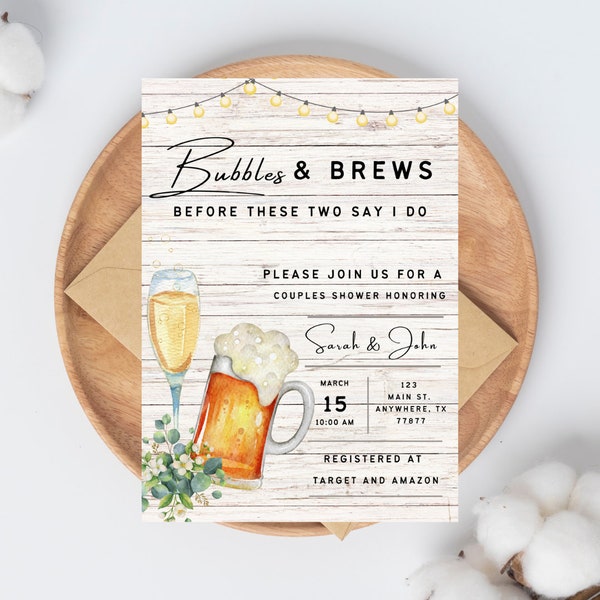 Bubbles and Brews Couples Wedding Shower Invitation, wedding shower invite, fun couples shower EDITABLE, INSTANT DOWNLOAD