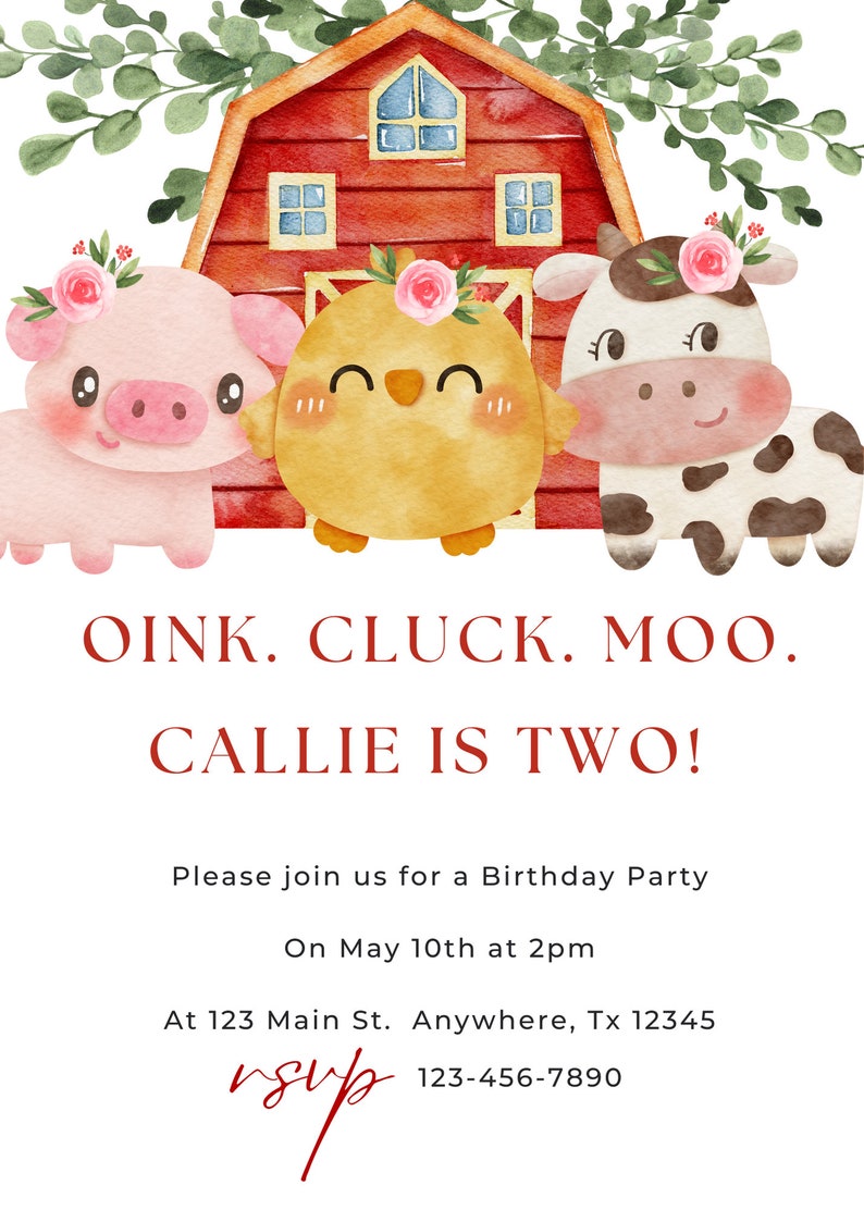 Farm Birthday Party Invitation Oink Cluck Moo Invitation Etsy