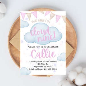 Cloud Nine 9th Birthday Invitation, Girls Birthday Invitation, Girls 9th Birthday Party Invitation EDITABLE, DIGITAL DOWNLOAD