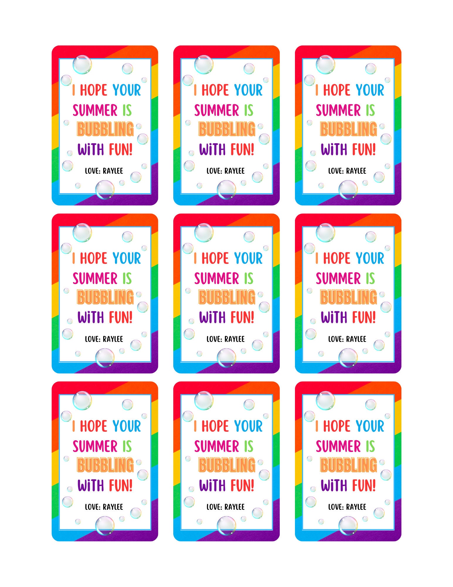 End of School Bubble Tags, Hope Your Summer is Bubbles of Fun, Summer Vacation Bubble Favor Tag