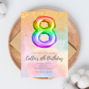 8th Birthday Invitation Rainbow Glitter Pastel, Girls Birthday Invitation, Colorful Party Invitation EDITABLE, INSTANT DOWNLOAD