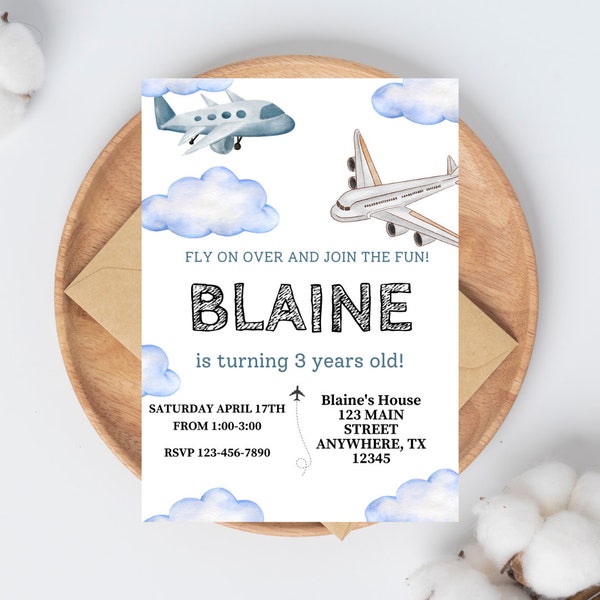 Airplane Birthday Invitation Template, Airplane Birthday Invitation, Boy Birthday Invitation, EDITABLE, INSTANT DOWNLOAD