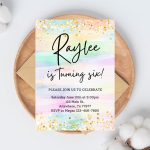 Pastel Glitter Birthday Invitation, Colorful Girl Birthday Invitation, Pastel Birthday Invitation, EDITABLE, DIGITAL DOWNLOAD