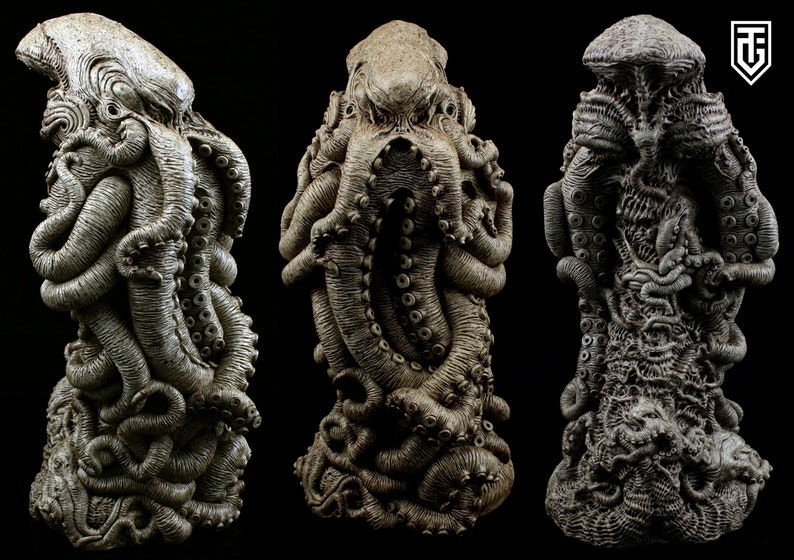 May include: A detailed, gray, sculpted figure of a multi-legged creature with a textured surface. The creature has a large head with multiple eyes and tentacles.