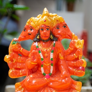Panchmukhi Hanuman Ji Idol -Sitting Position-  Hand Painted  - Main-door - Housewarming Gift - Orange