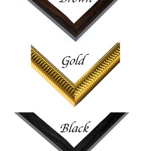May include: Close-up of three picture frame corners in brown, gold, and black. The brown frame has a dark wood grain. The gold frame has a decorative, ornate design. The black frame has a smooth, matte finish. The word "Brown", "Gold", and "Black" are written on the image.