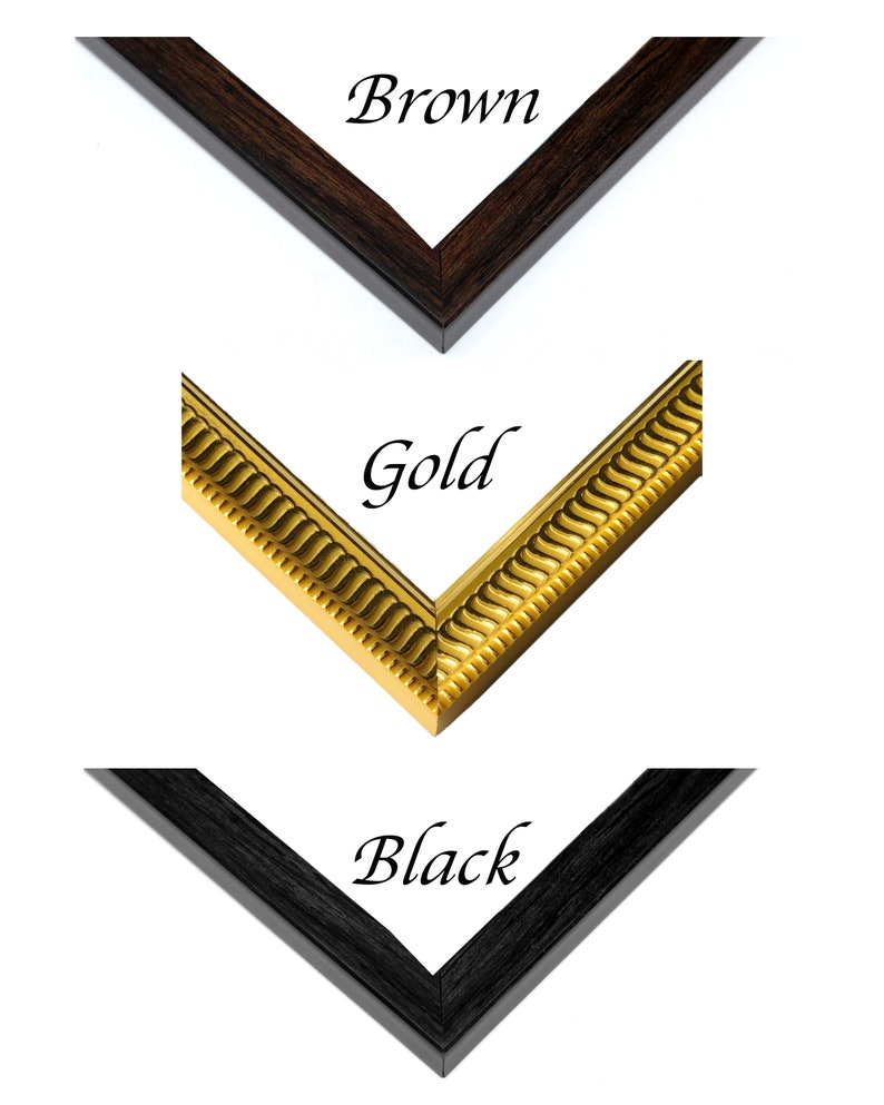 May include: Close-up of three picture frame corners in brown, gold, and black. The brown frame has a dark wood grain. The gold frame has a decorative, ornate design. The black frame has a smooth, matte finish. The word "Brown", "Gold", and "Black" are written on the image.