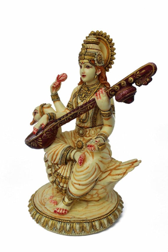 Kunst Musik Indien Wissen Weisheit Figur Indianisches Idol sitzend auf Lotus-Skulptur BangBangDa Hindu-Göttin Saraswati Statue