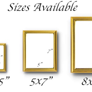 May include: Three gold-colored picture frames in varying sizes: 3.5x5 inches, 5x7 inches, and 8x10 inches. The frames have a decorative, textured border. The text "Sizes Available" is at the top.