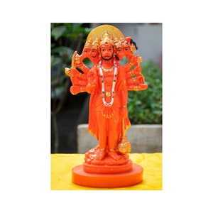 Panchmukhi Hanuman - Standing Position - Orange Colour - 9 Inches - Auspicious for Main Door Home Or Office - Hindu Deity - Hand Painted