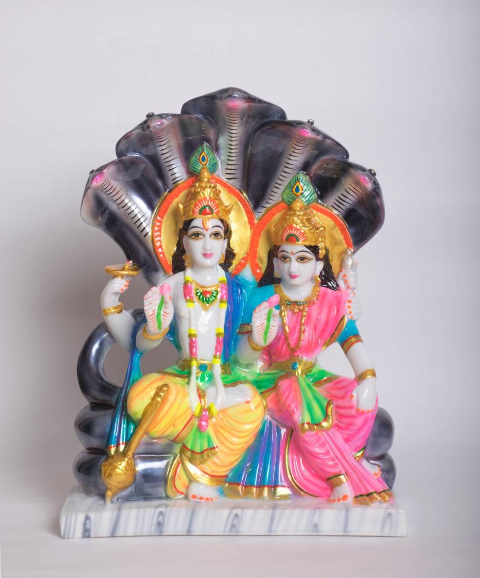 32CM Temple Mandir Altar Hand Painted Dust Marble Lakshmi Narayan Sculpture Narayana Laxmi Figurine Idol Vishnu Lakshmi Statue