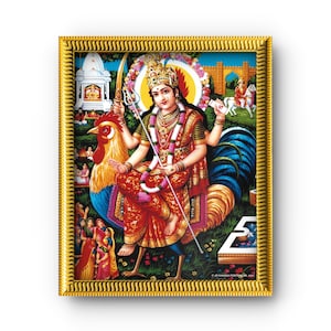 May include: A framed religious print featuring a deity seated on a rooster. The deity wears a crown and holds weapons. The print has a gold frame and depicts other figures and structures in the background.