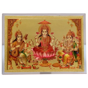 Lakshmi Ganesh Saraswati - Acrylic Picture Frame with stand - High Quality Golden Foil Photo