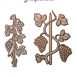 May include: Laser cut and engraved grapevine design, with two different styles of grapevines. The design is on a wood background. The text "Laser Cut & Engraved Grapevine" is at the top of the image. The text " Oma Laser Design commercial use templates" is at the bottom of the image.