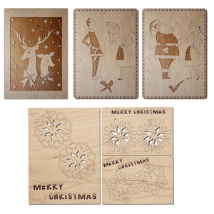 Weihnachtspostkarten-Vorlagenpaket - Set mit 5 hölzernen Laserschnitt- und Gravurdesigns. Abnehmbare Schneeflockenkarte. Hirsch und Hirsch Weihnachten. Lustiger Weihnachtsmann