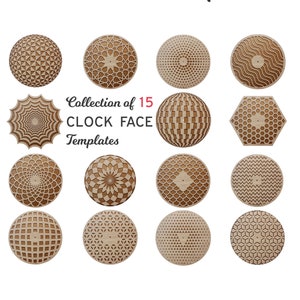 May include: A collection of 15 laser cut clock face templates. The templates are made of wood and feature a variety of geometric designs. The text "Collection of 15 CLOCK FACE Templates" is written in red and white text on a white background. The text "Oma Laser Design" is written in pink text on a white background. The text "commercial use templates" is written in pink text on a white background.