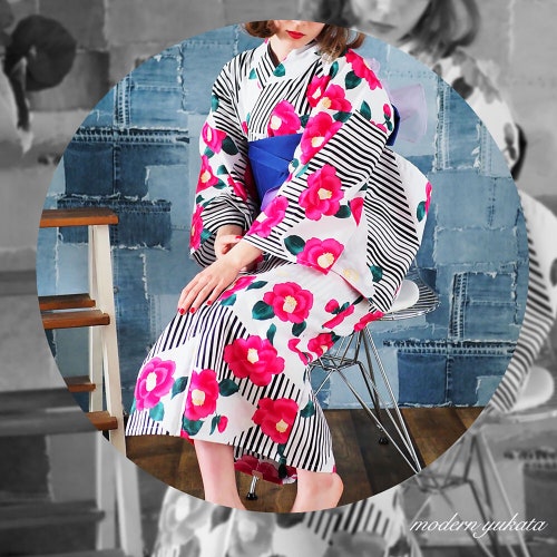 Japanese Summer Wear YUKATA. Cute Design. Stripe Camellia. - Etsy