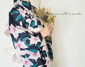 Japanese Summer Wear YUKATA. Cute Design. Navy Lily.