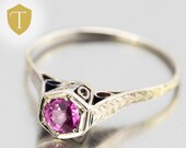 1910s Antique Edwardian 18k Gold Filigree Ruby Engagement Ring 0.25ct - Size 7
