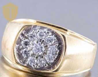 1970's Vintage Retro 14k Yellow Gold Men's Diamond Cluster Ring - Size 11.25