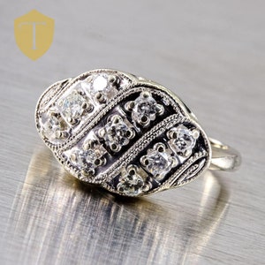14K White Gold Vintage Diamond Cluster Ladies Ring - Size 7