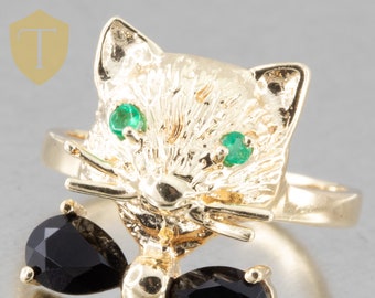 10k Yellow Gold Ladies Emerald & Onyx Whiskered Cat Ring - US 6