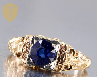 14K Yellow Gold Sapphire Vintage Ladies Statement Ring - Size 5