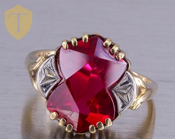 10K Yellow Gold Unique Ruby Ladies Vintage Statement Ring - Size 5.5