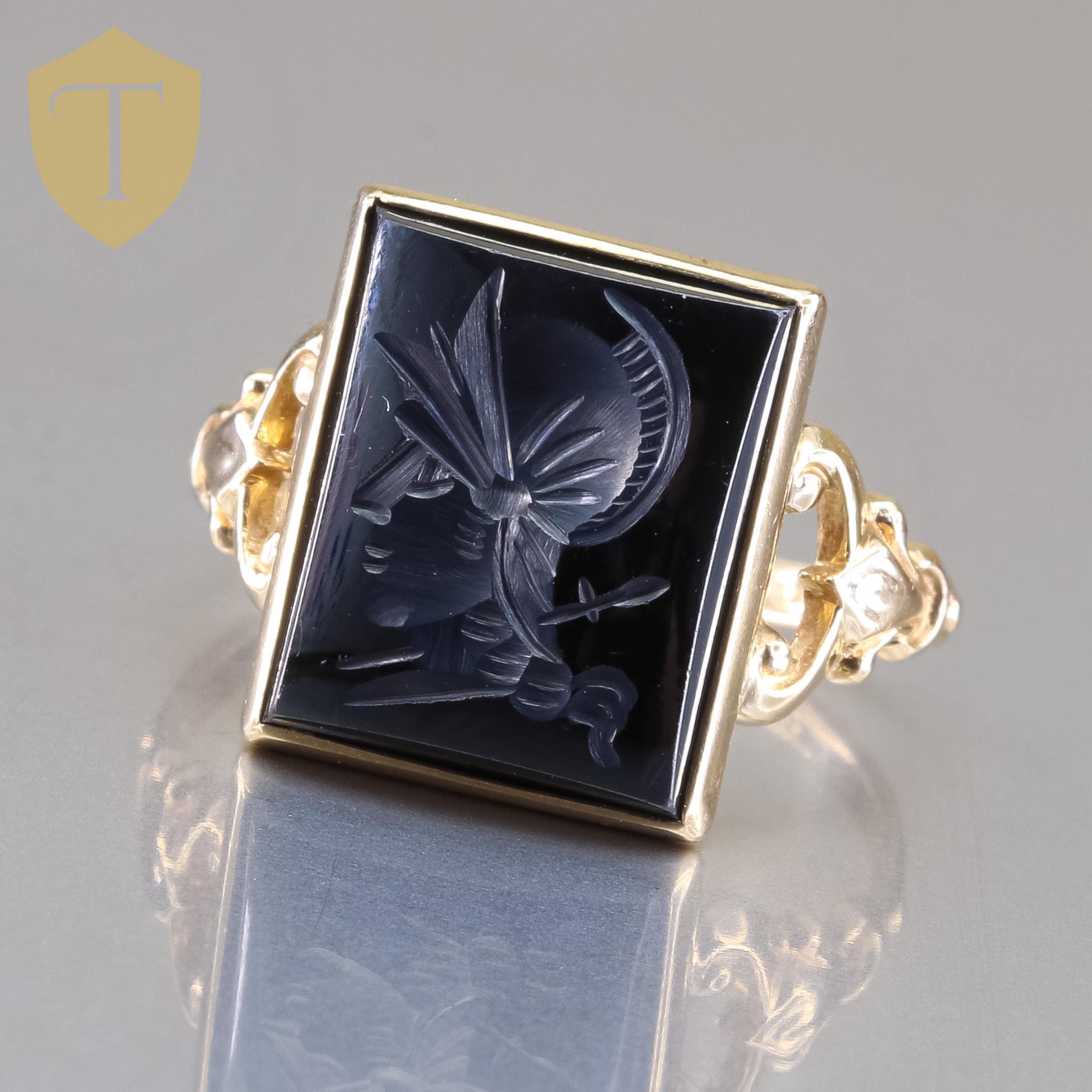 10K Yellow Gold Hematite Intaglio Roman Greek Soldier Ladies