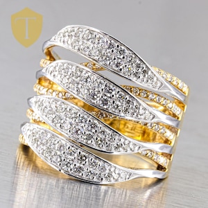 14K Two Tone Gold Multi Diamond Layered Ladies Modern Statement Ring - Size 7.25