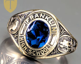 10K Yellow Gold Blue Stone Vintage Franklin High School Class Ring