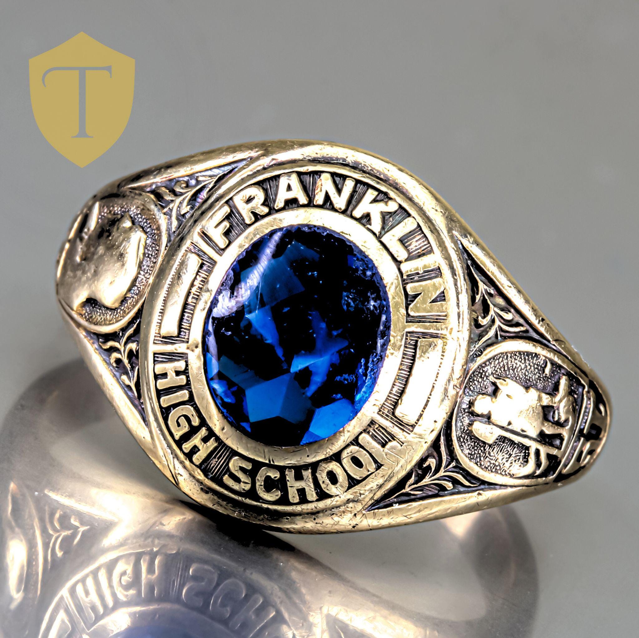 10K Yellow Gold Blue Stone Vintage Franklin High School Class Ring
