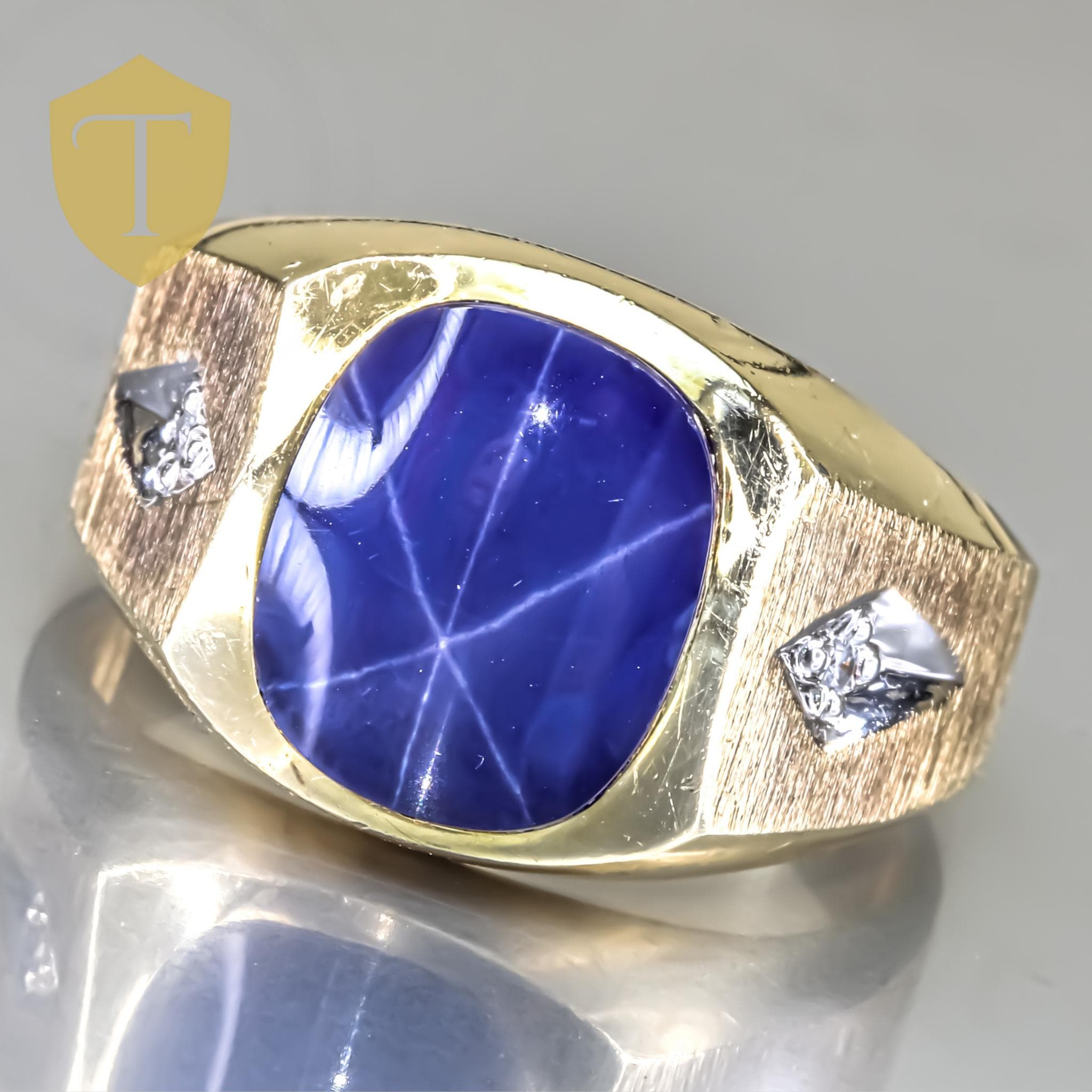 10K Yellow Gold Synthetic Sapphire & Diamond Vintage Gents Statement Ring - Size 10