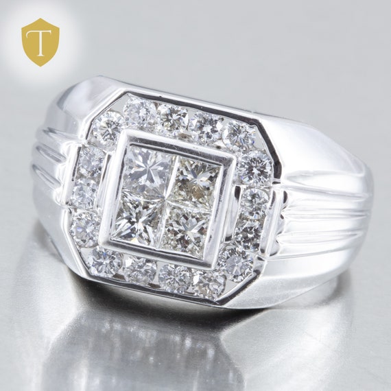 Solid 18k White Gold Signet Diamond Men's Ring - 1