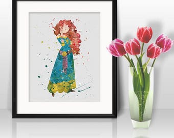 Princess Merida Watercolor Print, Merida Disney Art, Princess Art, Disney Art, Nursery, Kids Room Decor, Wall Art