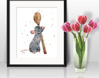 Ratatouille Watercolor Print, Mouse Art 2, Mouse Painting, Mice Art, Animal Art, Nursery, Kids Room, Wall Art