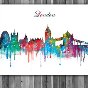 ロンドンのスカイラインの水彩画プリント、ロンドンのスカイラインのアート、ロンドンのスカイラインの絵画、ロンドンのスカイラインのポスター、保育園、子供部屋の装飾、壁アート
