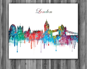 London Skyline Watercolor Print, London Skyline Art, London Skyline Painting, London Skyline Poster, Nursery, Kids Room Decor, Wall Art