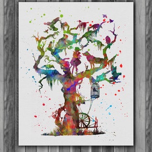 Juniper Tree Watercolor Print, Grimm Brothers Print, Juniper Tree Painting, Animal Art, Nursery, Kids Room Decor, Wall Art