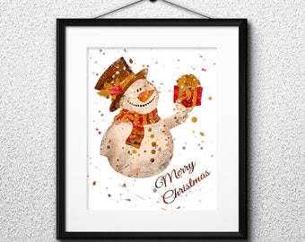 Christmas Watercolor Print, Snowman Painting, Snowman Art, Christmas Art, Nursery, Kids Room Decor, Wall Art